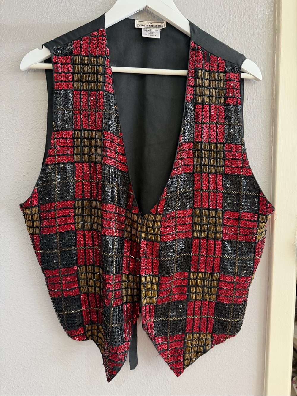 Sequined Plaid Vest in Red, Gold & Black by